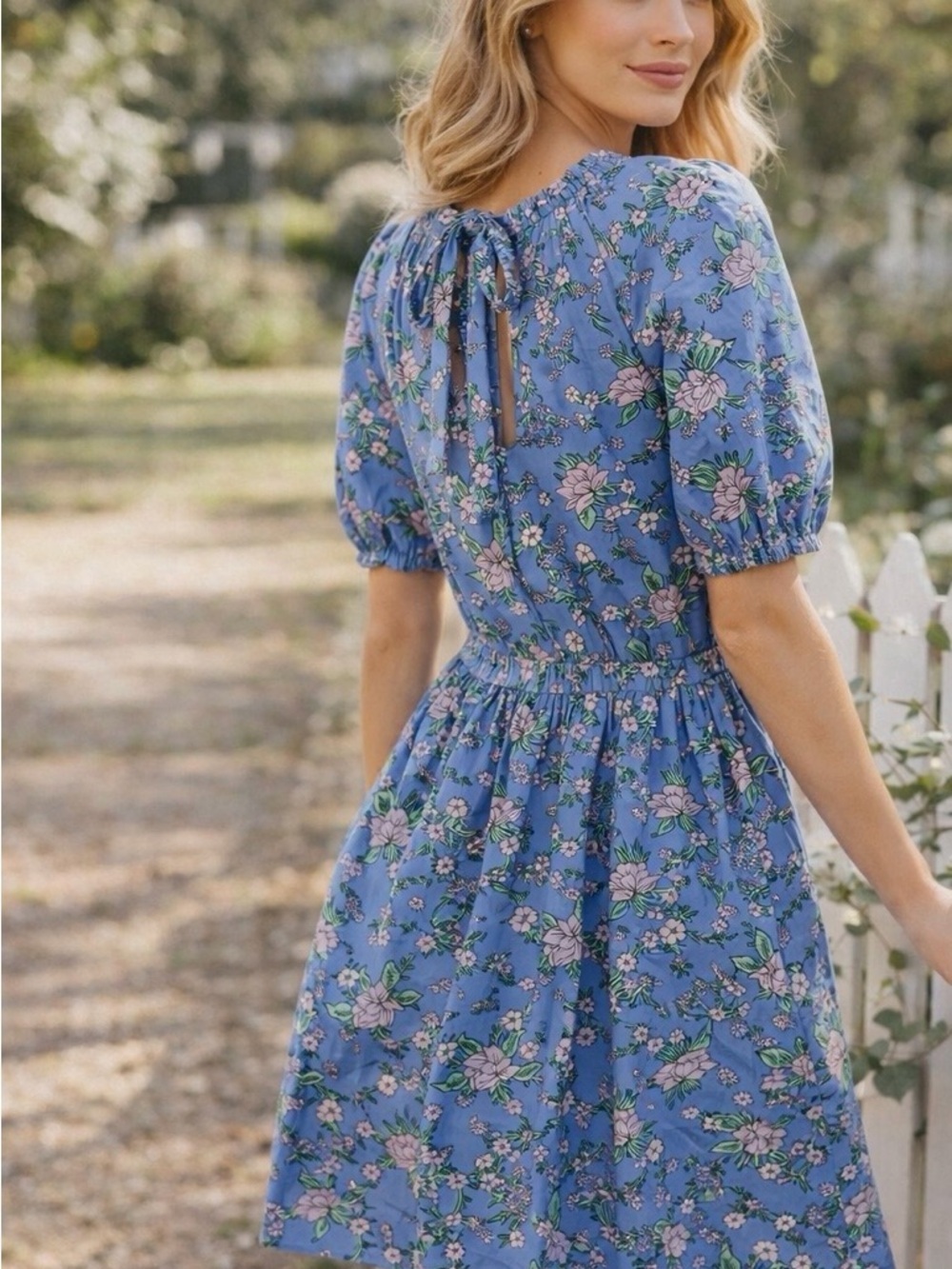 J.Crew Blue Floral Puff Sleeve Dress Size 10 Tie Back Mini Cottagecore - Picture 2 of 6